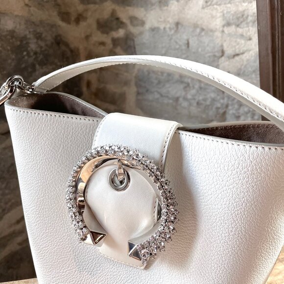 Jimmy Choo Ivory Leather Crystal Embellished Madeline Bucket Bag - Picture 3 of 12
